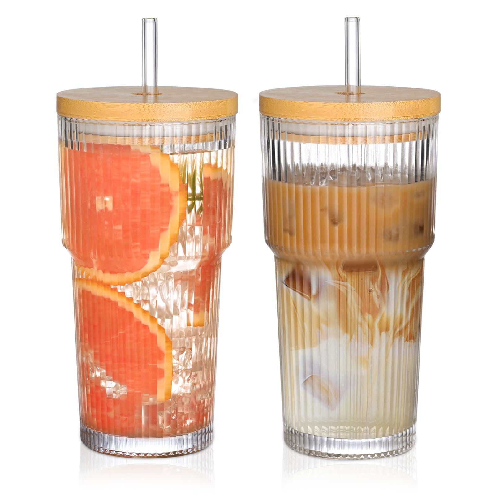 AUFXKOO 20oz Glass Cups with Lids and Straws,2PCS Ribbed Glass Coffee Cups,Iced Coffee Cups with Lid,Vintage Bamboo Tumbler for Juice,Smoothies