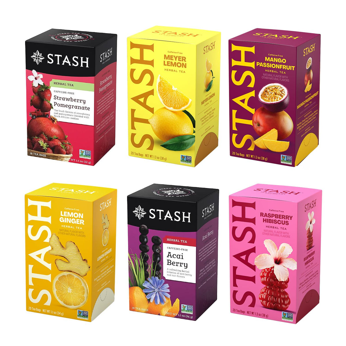 Stash Tea Fruity Herbal Tea 6 Flavor Tea Sampler, 6 boxes With 18-20 Tea Bags Each