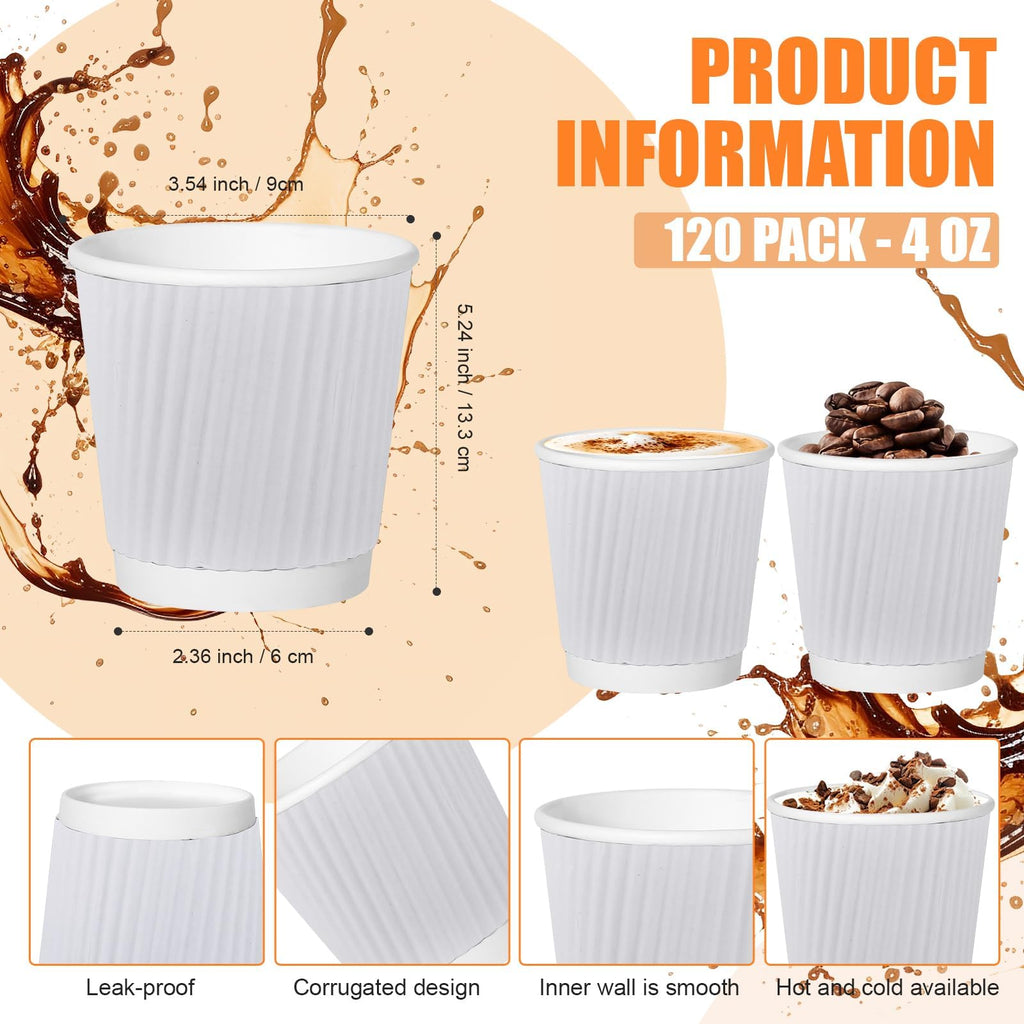 RXLWYUNLAE 120 Pack Paper Espresso Coffee Cups, 4 oz Disposable Coffee Cups,Corrugated Insulated Ripple Wall, Paper Ripple Cup for Coffee, Hot Chocolate and Hot Tea Drinks -White