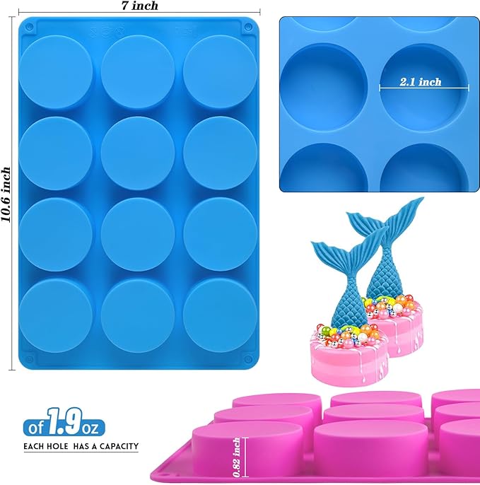 Sakolla 3 Pcs Round Chocolate Cookie Molds, 12-Cavity Cylinder Silicone Molds, Perfect for Chocolate Covered Cookie, Cake, Candy, Pudding, Mini Soap (2 Rose Red & 1 Blue)