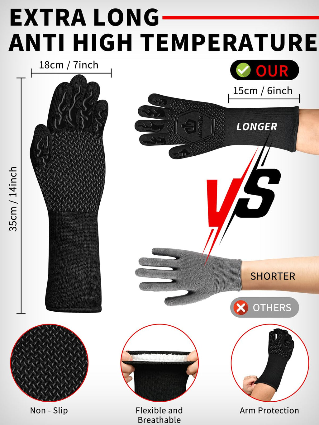 ARFNKIM BBQ Oven Gloves 1472℉ Heat Resistant Oven Mitts Silicone Non-Slip Cooking Gloves for Barbecue, Grilling, Baking, Welding, Smoker (A Pair) (Black)