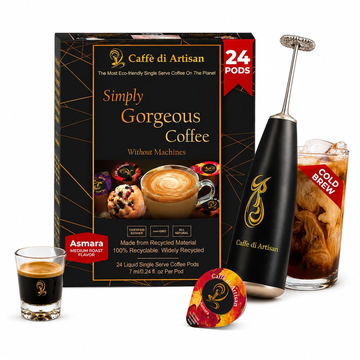 Caffè di Artisan Liquid Coffee Pods – Premium Single-Serve Coffee for Cold Brew concentrate, Iced Coffee & Hot Coffees – Machine-Free, Eco-Friendly, Ready in Seconds. Rich; Asmara with Frother; Arabica; Medium Roast – 24 Count