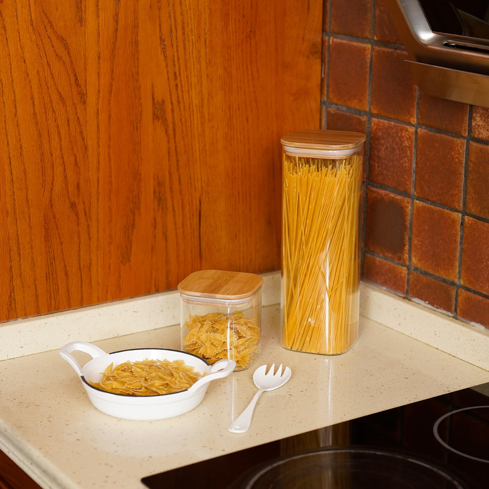 SHOWIN Glass Pasta Storage Jars Square 73oz, 3 Pack Glass Jars With Bamboo Lids, Tall Kitchen Storage Containers For Pasta, Storage For Pantry Organizers