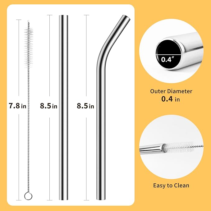 Stainless Steel Smoothie Straws-0.4" Extra Wide Reusable Metal Drinking Straws for Milkshake, Bubble Tea, Beverage, 6 Pack Metal Straw with Cleaning Brush