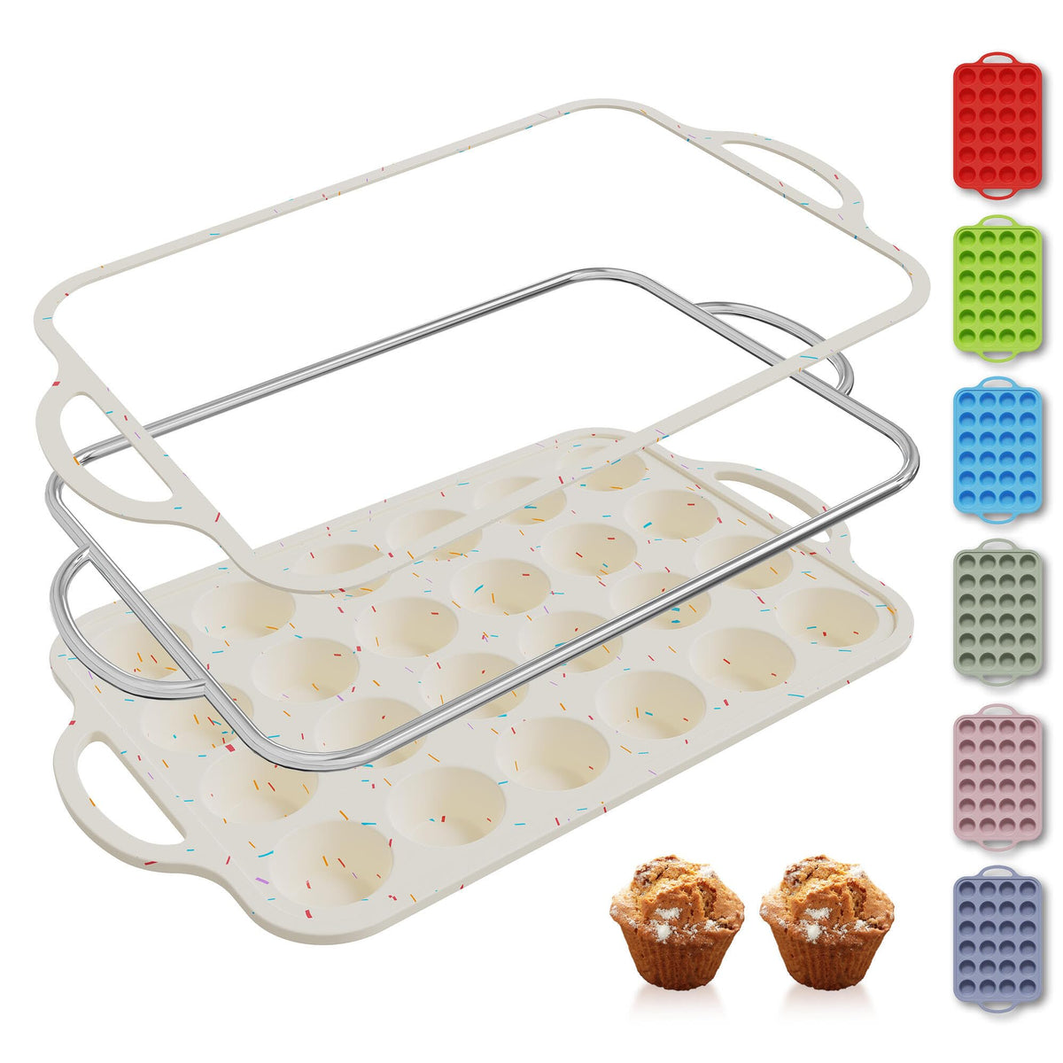 2 Packs 12 Cups Silicone Muffin Pan for Baking with Metal Reinforced Frame Regular Size Cupcake Pan Tray Chocolate Egg Pizza Bites Oven Top Cookie Molds Muffin Tin Tart Pans Sheet Set Bakeware Liner