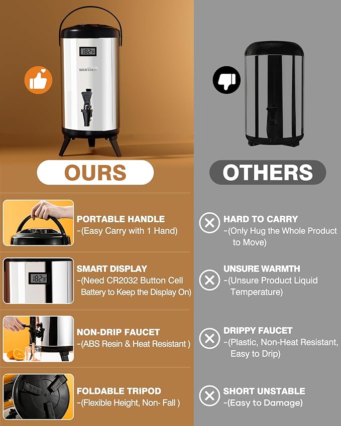 WantJoin Insulated Beverage Dispenser-75 Cup Hot&Cold water Urn for Catering-Stainless Steel Premium 12 L/3.2 Gallon Hot Drink Dispenser with Spigot for Coffee & Hot tea,Cold Milk,Water,Juice(Silver)