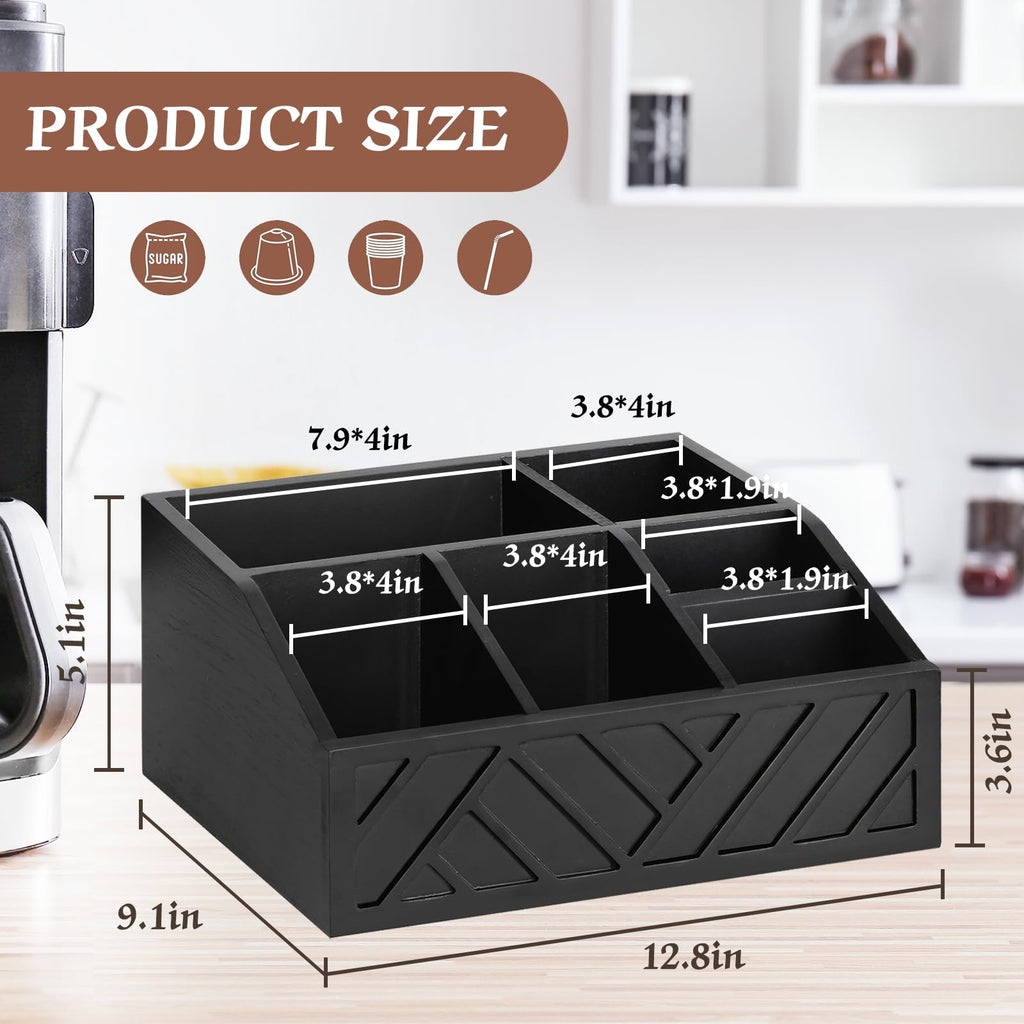Ukonvi Coffee Pod Holder and Bar Accessories, Wood Station Organizer for Decor, Syrup and Condiment Organizer, Black