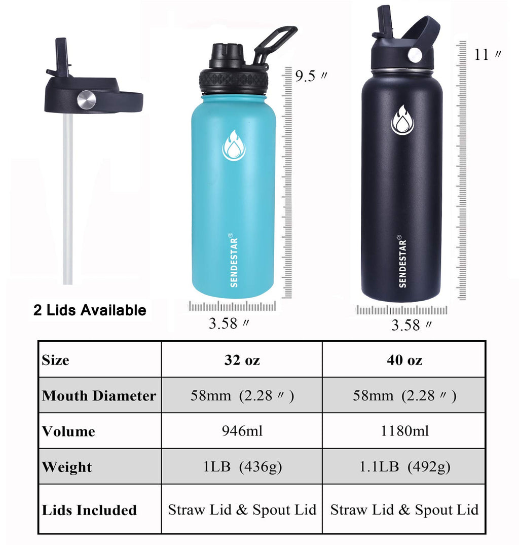 SENDESTAR Stainless Steel Water Bottle, Wide Mouth 32 oz Water Bottle with Straw Lid, Spout Lid, Double Wall Vacuum Insulated Leak Proof, Keeps Liquids Hot or Cold (Black)