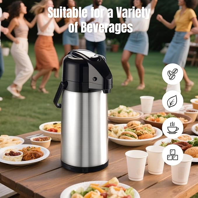 PARACITY Upgraded Airpot Coffee Water Bottle with Double Pump 84oz/2.5L Stainless Steel Drink Dispenser for Hot/Cold Drinks, Lazy Susan Base, Termos Para Coffee for Party Hot Cocoa