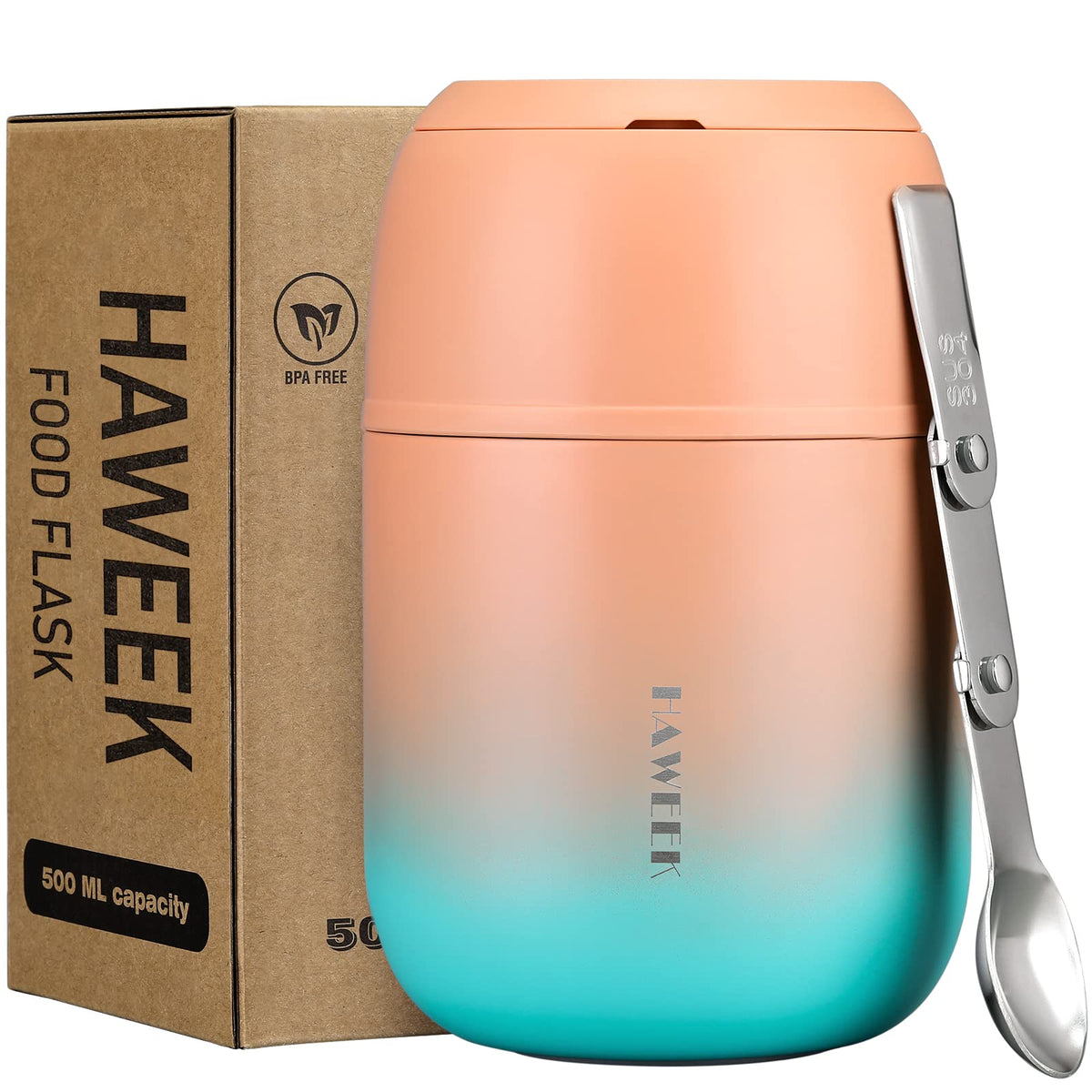 HAWEEK 17oz Insulated Food Jar with Spoon,Gradient Orange Green