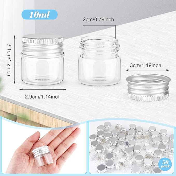 50 Pack,10ml Clear Glass Essential Oil Bottle,Empty Travel Glass Liquid Sample Vial Decorations Preservation Storage Vials Test Jars Container -1.18" W x 1.18" H