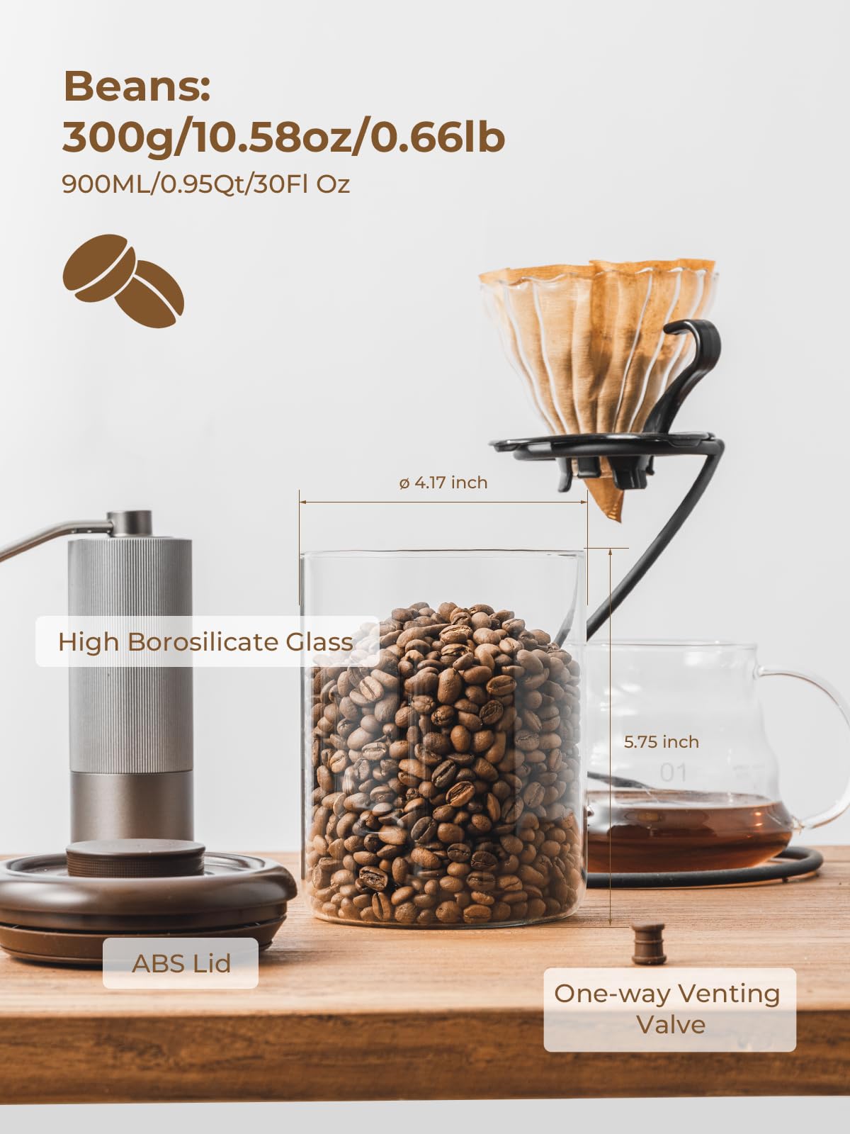 Tourdeus Glass Coffee Bean Jar – Pop Top Air Tight Coffee Bean Container with CO2 Valve, 10 oz Coffee Storage Airtight Canister, 0.63lb