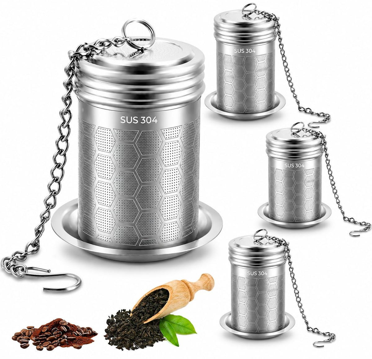 4 Pack Tea Infuser for Loose Leaf Tea, Extra Fine Mesh 304 Stainless Steel Tea Strainers with Drip Tray and Chain Hook, Reusable Tea Ball Steeper for Mug Teapot, Spice Diffuser