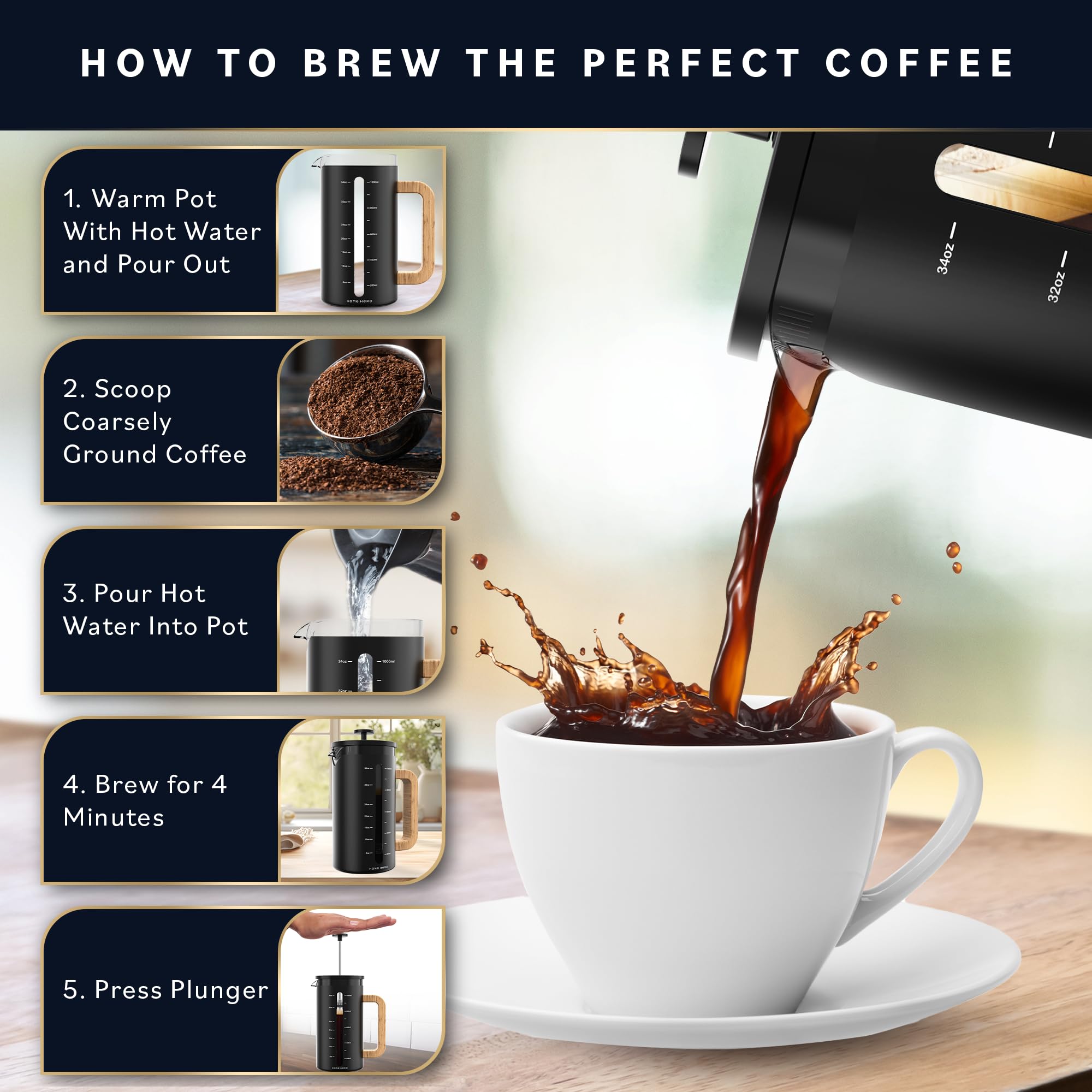 Home Hero French Press Coffee Maker - 34 oz Coffee Press with Bamboo Wood Handle, Heat Resistant Thick Borosilicate Glass French Presses, 4 Layer Filter, French Press Stainless Steel (Black)