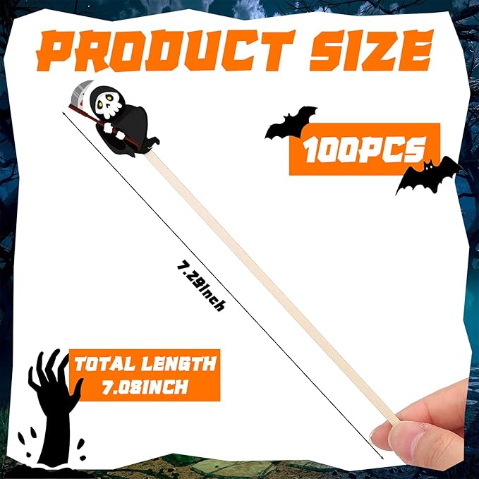 Mifoci 100 Pcs Halloween Wooded Coffee Stirrers Wood Cocktail Coffee Stir Sticks Disposable Swizzle Sticks for Thanksgiving Halloween Party Supplies, 20 Styles