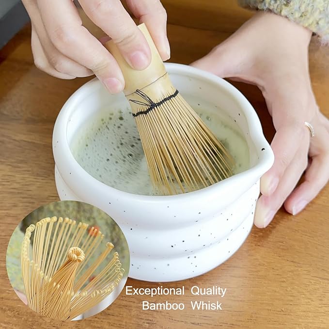 7-piece matcha kit includes matcha bowl. white speckled matcha tea set with bamboo whisk -, sifter, scoop, stainless steel filter, tea caddy, cloth & gift box - for matcha green (7)
