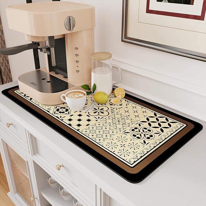 AMOAMI Coffee Mat - Hide Stain Rubber Backed Absorbent Dish Drying Mat for Kitchen Counter - Fits Under Coffee Maker - Khaki 12X19