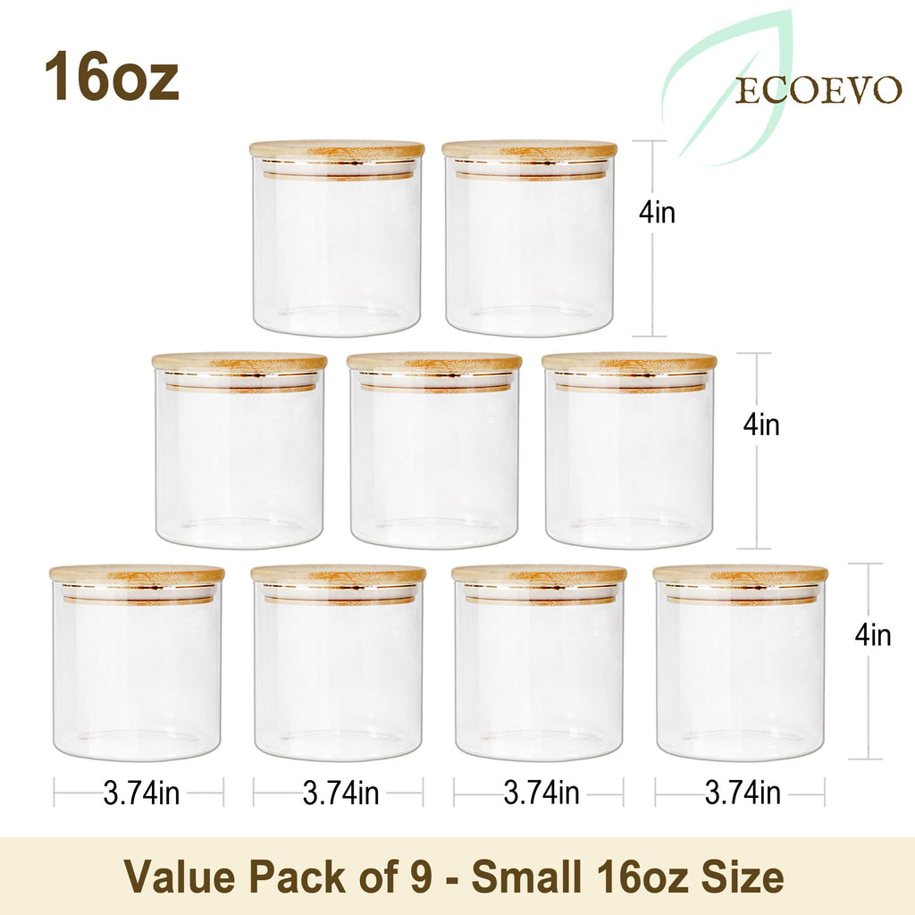 EcoEvo Glass Jars with Bamboo Lids (16oz in 9 Pack), Food Jars and Canisters Sets with lids, Food Storage Jars with Airtight Lids, Glass Pantry Jars