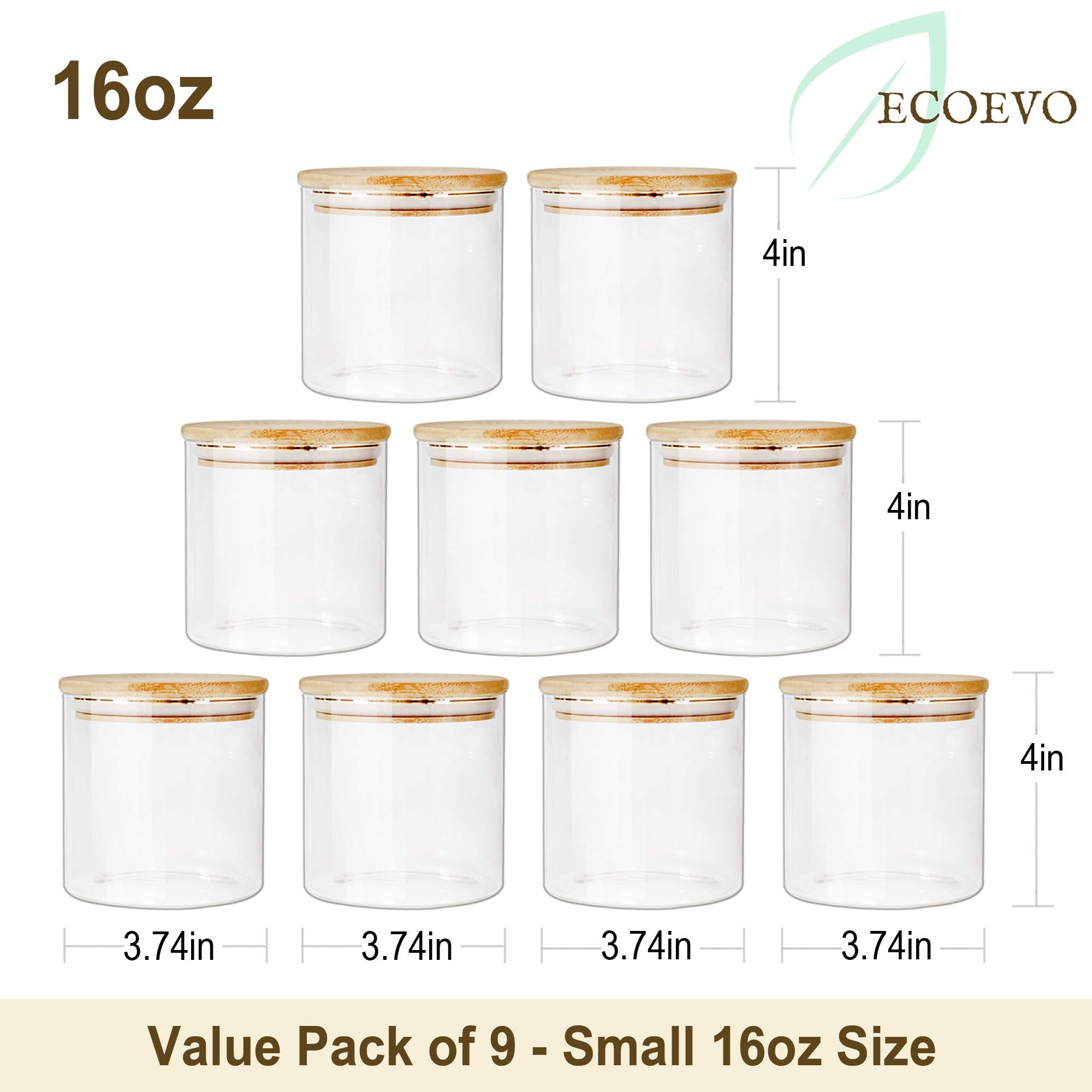 EcoEvo Glass Jars with Bamboo Lids (16oz in 9 Pack), Food Jars and Canisters Sets with lids, Food Storage Jars with Airtight Lids, Glass Pantry Jars