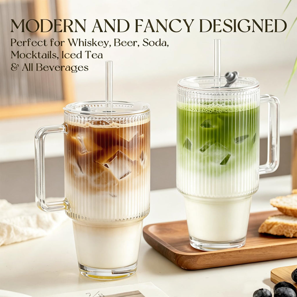 KEMORELA 24 Oz Ribbed Glass Tumblers with Lids and Straws, Tumbler Cup with Handle, Iced Coffee Glassware, Clear Reusable Drinkware for Smoothies and Beverages (1)