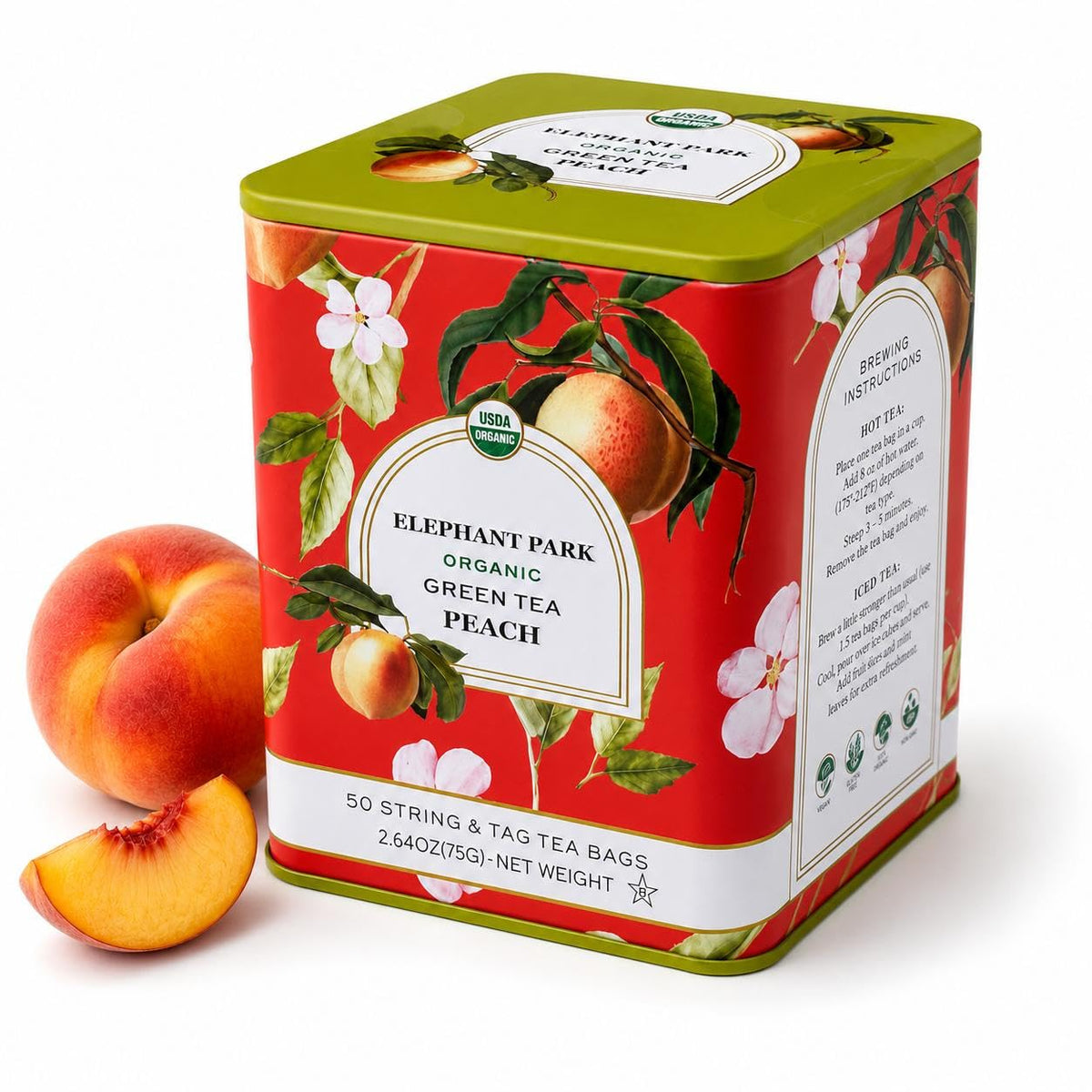 Organic Pomegranate Ceylon Green Tea - 50 Packets - Natural Antioxidant Rich Herbal Leaf Teabags - USDA Certified 100% Non-GMO - Caffeinated Designer Gift Tin