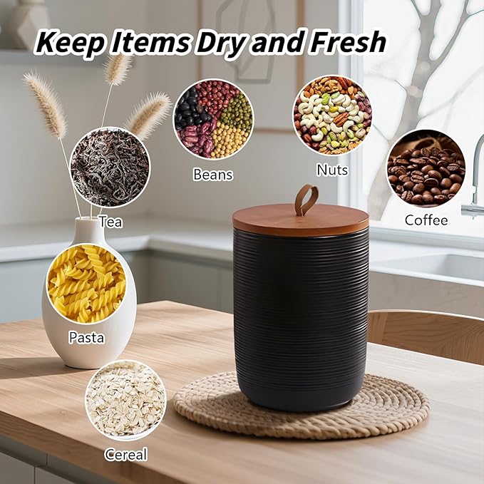 Food Storage Jar Strong Ceramic Storage Canisters with Airtight Wooden Lid,Kitchen Storage Containers for Serving Coffee Beans, Tea, Sugar, Salt, Spices (Medium black)