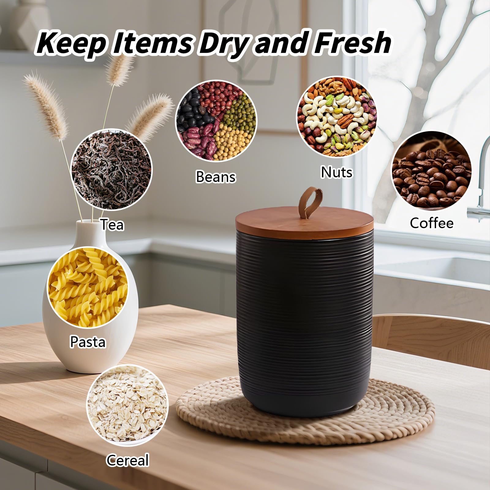 Food Storage Jar Strong Ceramic Storage Canisters with Airtight Wooden Lid,Kitchen Storage Containers for Serving Coffee Beans, Tea, Sugar, Salt, Spices (Medium black 27oz)