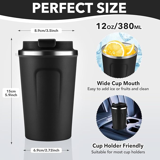 Volhoply 12 oz Double Wall Insulated Vacuum Travel Coffee Mug with Flip Lid Bulk 4 Pack,Reusable Stainless Steel Leak Proof Coffee Cups,Portable Cafe Thermal Tumbler for Hot & Cold Drinks(Black,4 Set)