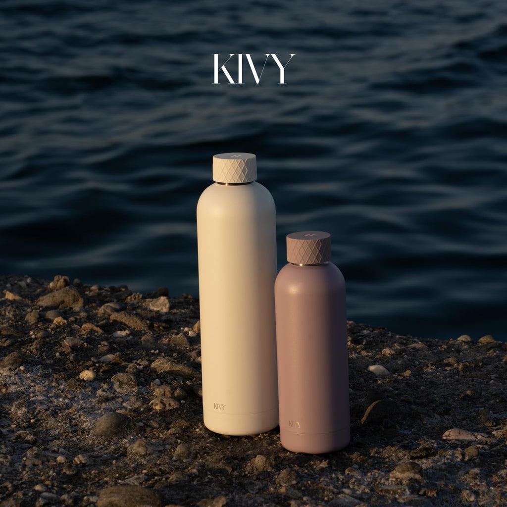 KIVY Stainless Steel Insulated Water Bottle 32oz | Slim Water Bottle for Travel, Car, Gym, Cupholder, Backpack side pocket - Slim water bottle no straw - Screw top