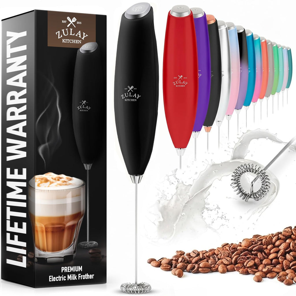 Zulay Kitchen Milk Frother Handheld Electric Whisk – Frother Wand with 2 Duracell Batteries, Durable Drink Mixer, Coffee Frother, Hand Blender, Frother for Protein Powder, Matcha & More - Black