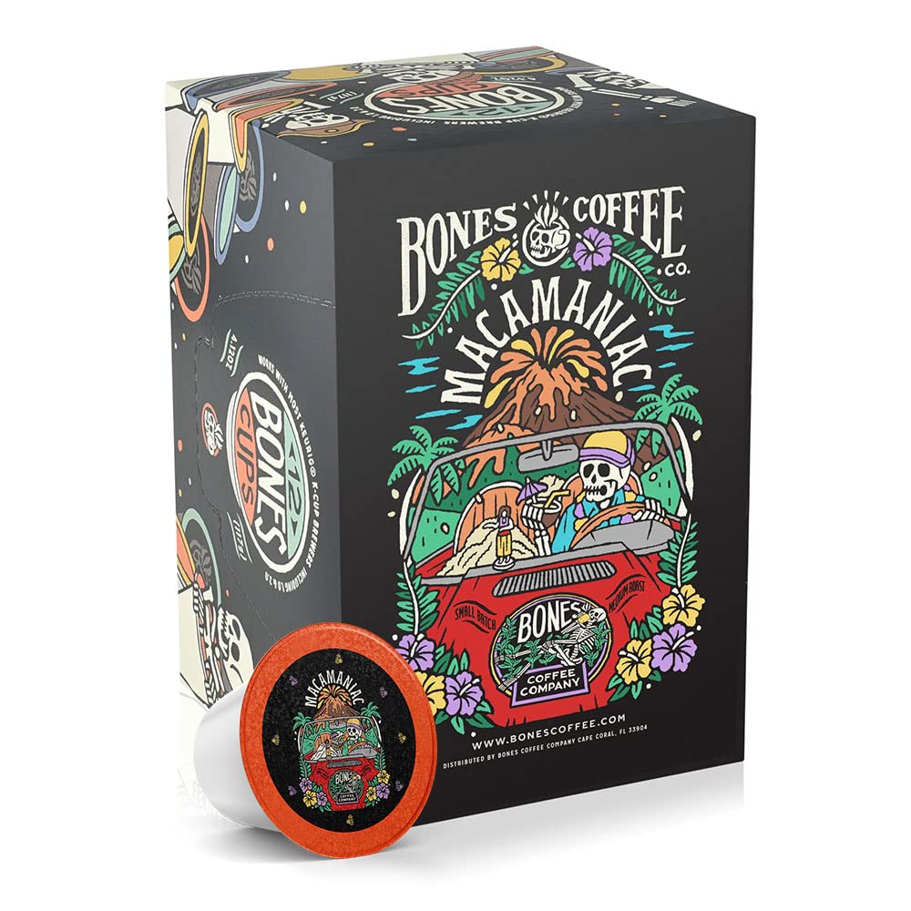 Bones Coffee Company Flavored Coffee Bones Cups Macamaniac Flavored Pods | 12ct Single-Serve Coffee Pods Compatible with Keurig 1.0 & 2.0 Keurig Coffee Maker