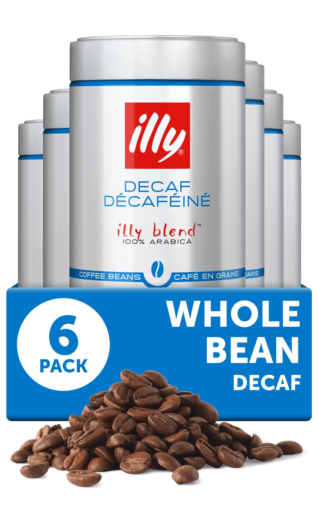 illy Decaf Whole Bean Coffee, Classico Medium Roast, 8.8oz, 6 Pack