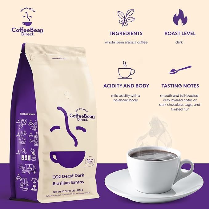 Coffee Bean Direct CO2 Decaf Dark Brazilian Santos, Whole Bean Coffee, Dark Roast, 2.5 Pound Bag (Pack of 1)