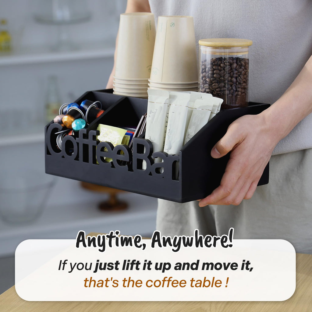 Coffee Bar Organizer Countertop, Wood Tea & Coffee Pod Station Caddy, Black