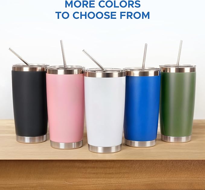 OMTech 20oz Tumblers Bulk, 12pc Stainless Steel Tumbler Set with Lid & Straw, Double Wall Vacuum Insulated Mug for Laser Engraver, Travel Coffee Mug for Hot & Cold Drinks, Navy Powder Coated Cup
