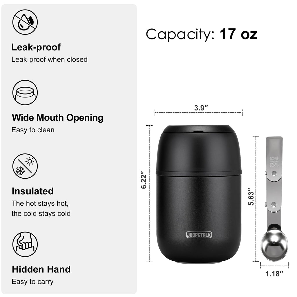 JOOPETALK 17 oz Insulated Lunch Containers, Black, Vacuum Stainless Steel Thermo Lunch Box with Handle and Folding Spoon for School, Office, Travel