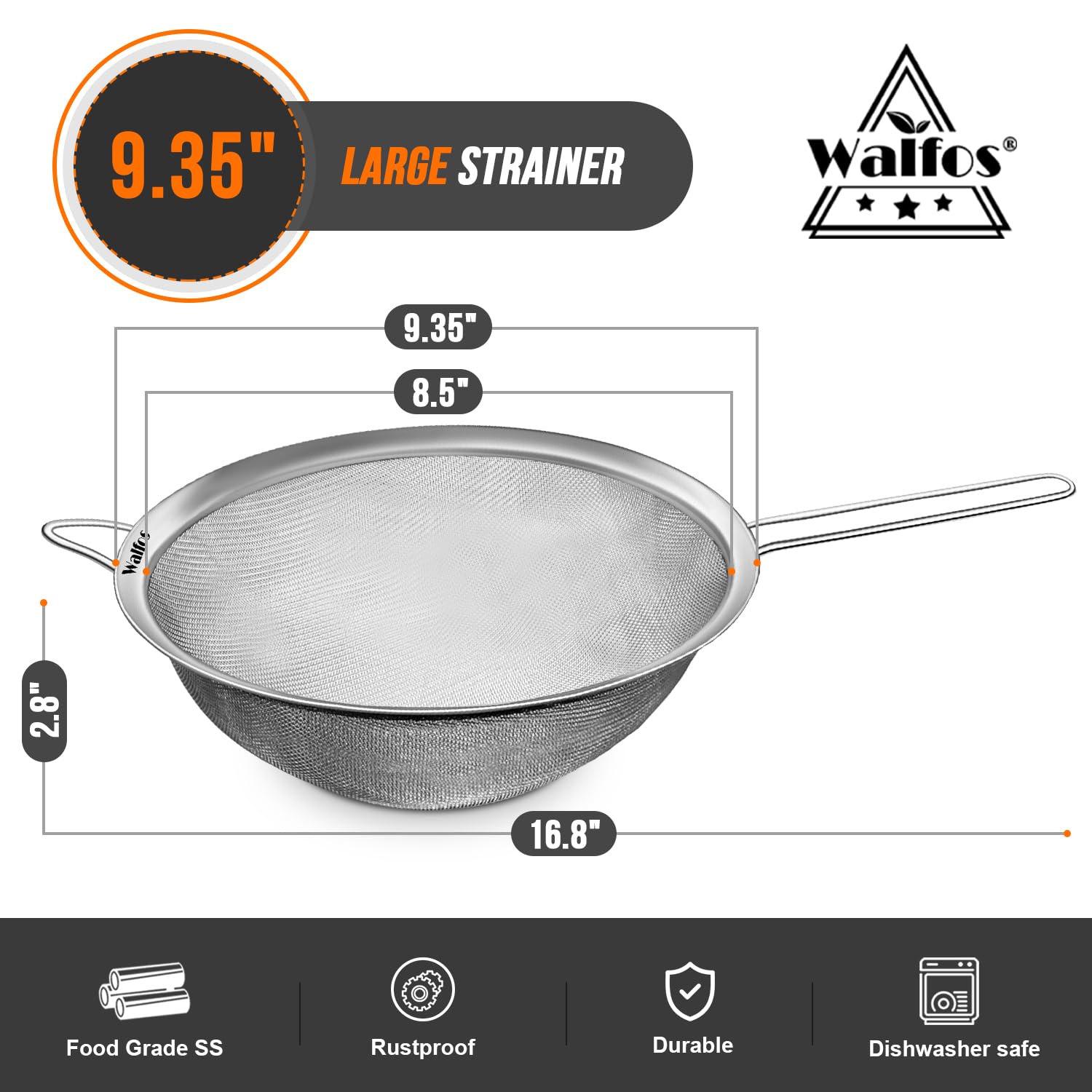 Walfos 9.35 Inch Large Fine Mesh Strainer, Stainless Steel 30 Mesh Sieve with Sturdy Handle, Kitchen Food Strainers Sifters for Rice, Quinoa, Pasta, Fruits, Vegetables, etc.