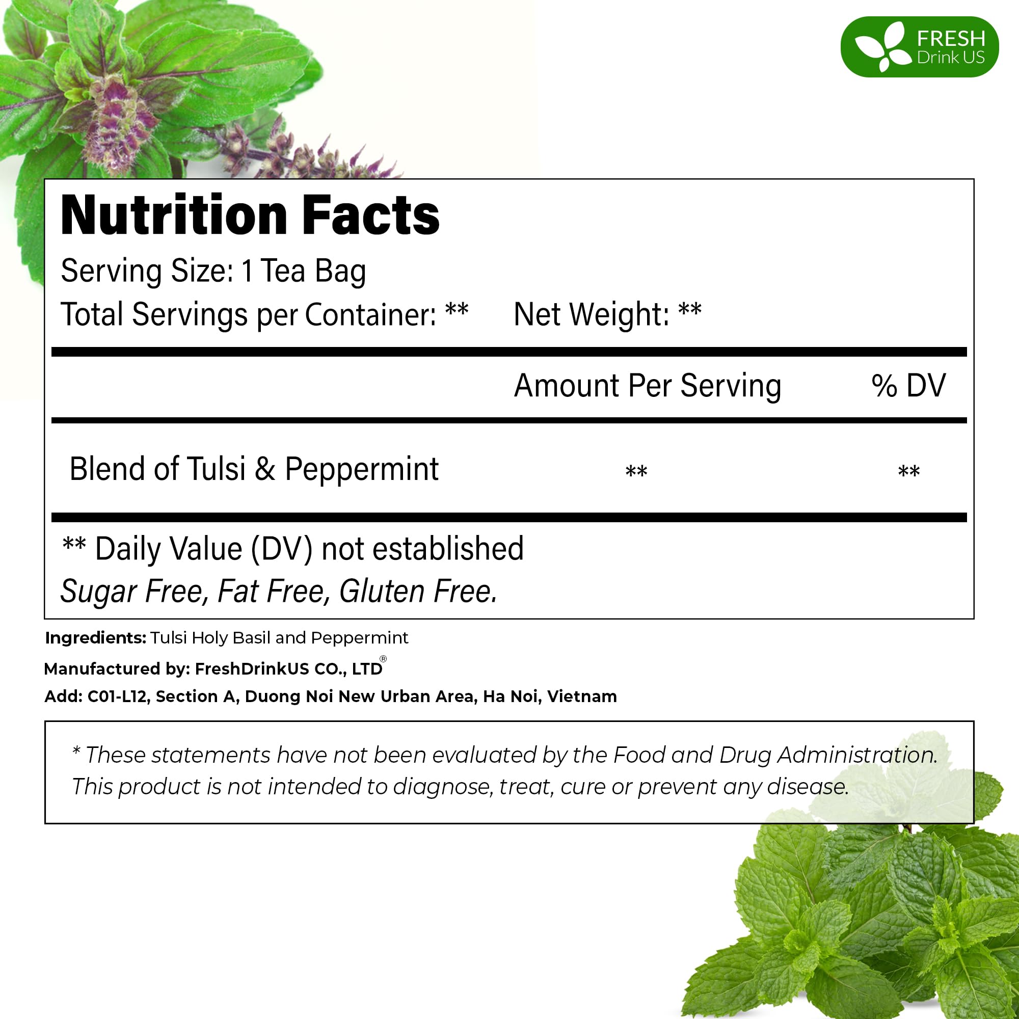 FreshDrinkUS, Premium Tulsi Peppermint Herbal Tea – 75 Bags, 100% Nature. Made with Natural Material. No Sugar, Vegan.