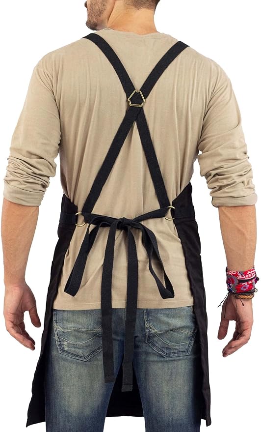 Under NY Sky Cross-Back Deep Black Apron - Durable Twill with Leather Reinforcement and Split-Leg - Adjustable for Men and Women - Pro Chef, Tattoo, Baker, Barista, Bartender, Stylist, Server Aprons