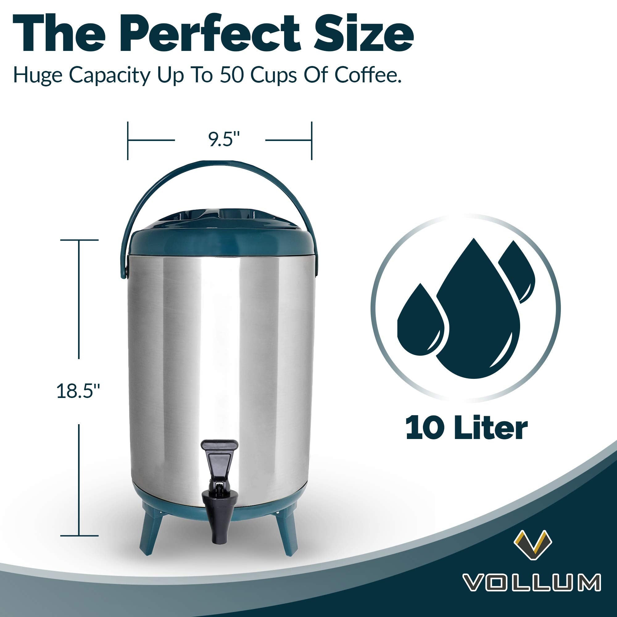 Vollum Stainless Steel Insulated Beverage Dispenser – Insulated Thermal Hot and Cold Coffee Carafe – 8 Liter Drink Dispenser with Spigot for Hot Water, Tea & Coffee, Cold Milk, Juice & More TEAL
