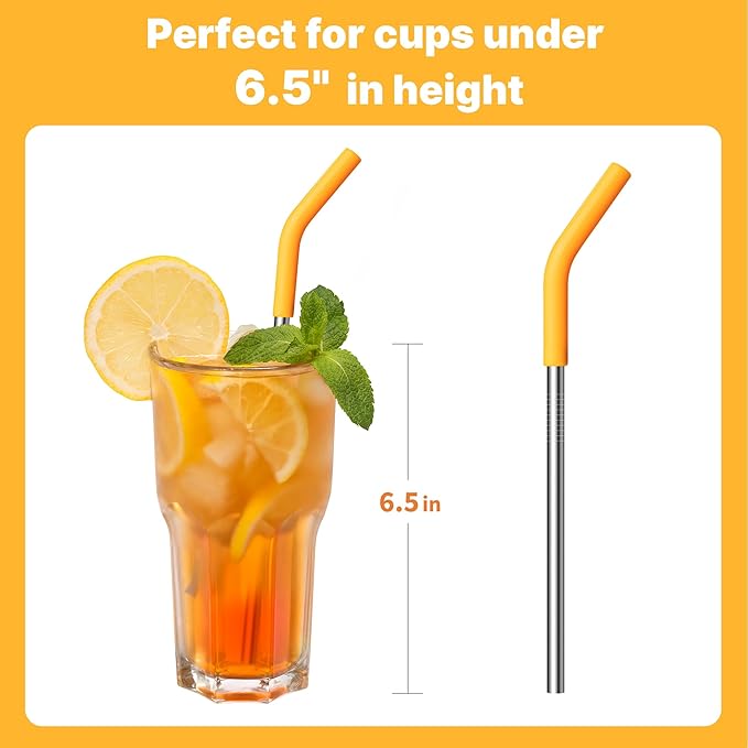 6.7" Short Metal Straw-Reusable Stainless Steel Drink Straws with Silicone Tips and Brush, Fit for 6 7 10 12 oz Small Cups (Colors 3)