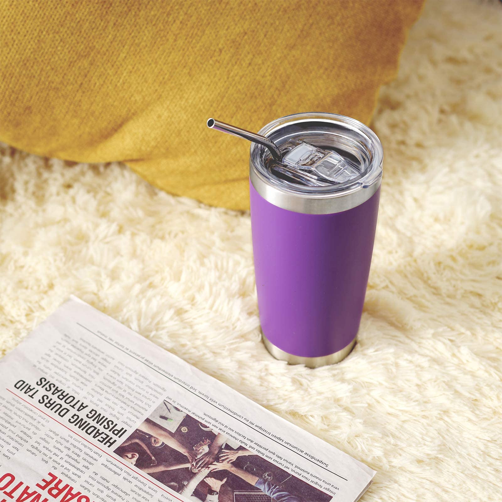 COMOOO 20oz Double Wall Vacuum Insulated Travel Mug, Stainless Steel Tumbler with Lid and Straw for Women Durable Powder Coated Insulated Coffee Cup for Cold & Hot Drinks(Purple, 1 Pack)