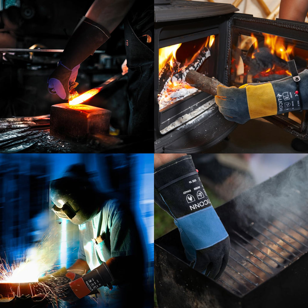 TICONN 16 Inch Welding Gloves, 1000°F Heat-Resistant Fireproof Leather Gloves for Welders, Stick, Forge, Mig, Tig, BBQ, Baking, Oven (Black/Red, XXL)