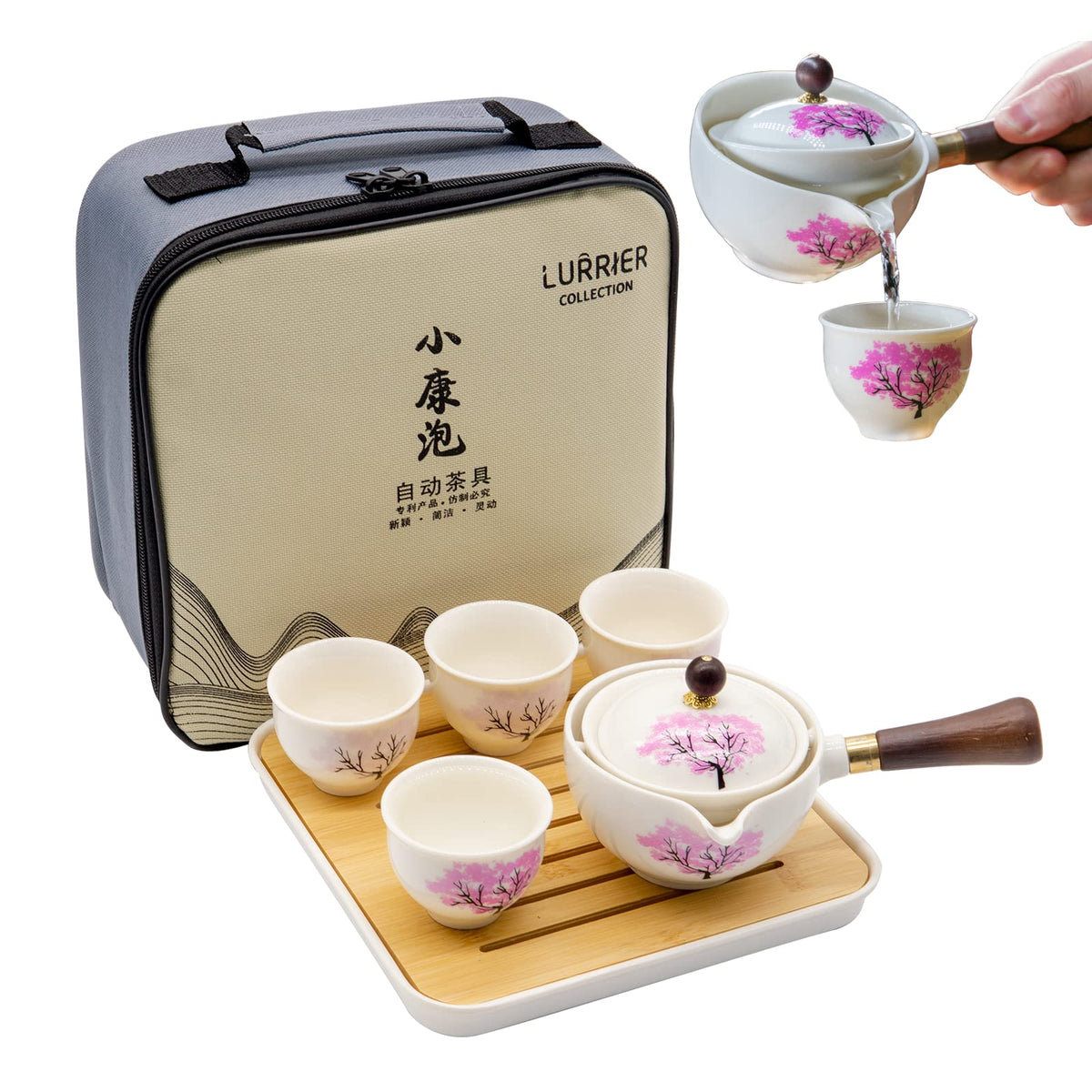 LURRIER Porcelain Chinese Gongfu Tea Set,Portable Teapot Set with 360 Rotation Tea maker and Infuser,Portable All in One Gift Bag for Travel,Home,Gifting,Outdoor and Office (Kitty Cat)