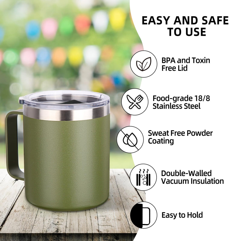 Volhoply 14oz Insulated Stainless Steel Coffee Mug with Leakproof Lid,Double Wall Vacuum Travel Coffee Cup with Handle,Reusable Cups Tumbler,Camping Mugs Keep Hot,Ideal Gifts(Army Green,1)