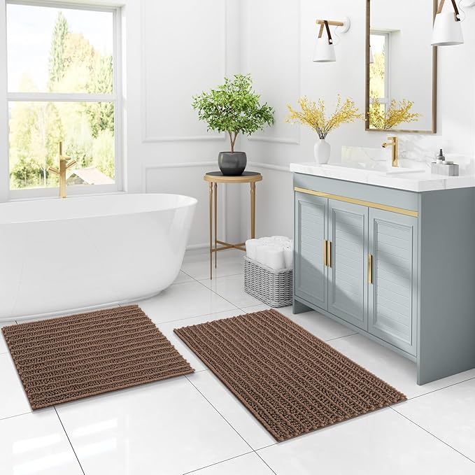 Arotive Luxury Chenille Bathroom Rug Mat, Extra Soft Thick Absorbent Shaggy Bath Rugs, Non-Slip Machine Wash Dry, Plush Bath Mats for Bathroom, Shower and Tub, 30x20, Mocha