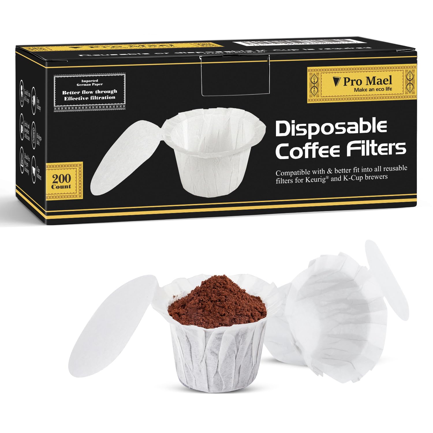 Pro Mael Disposable K Cup Coffee Filters with Lid, Coffee Filter Paper for Keurig Brewers Single Serve 1.0 and 2.0, Use with Resusable K Cup Pods, White (200 Count)