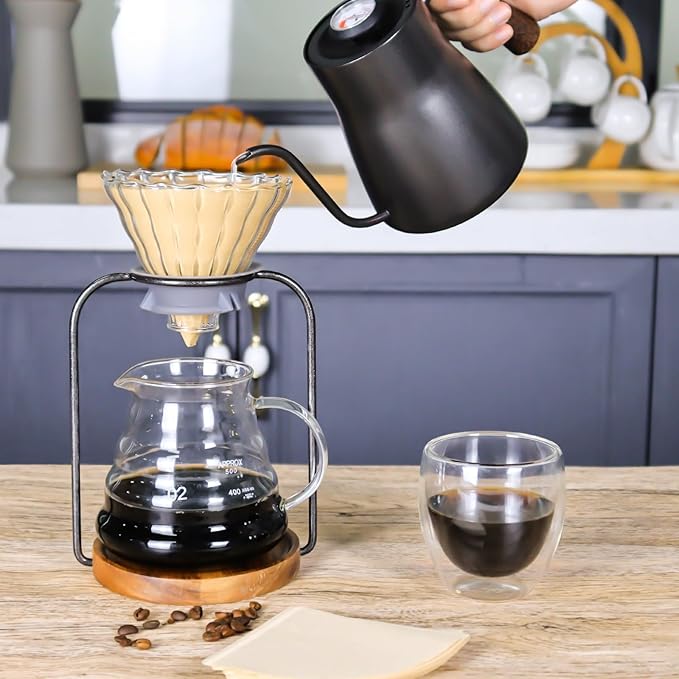 SOTECH Pour Over Coffee Dripper Stand Transparent Glass Dripper Server with Paper Coffee Filters Manual Hand Drip Coffee Brewing Kit for Home Office Camping