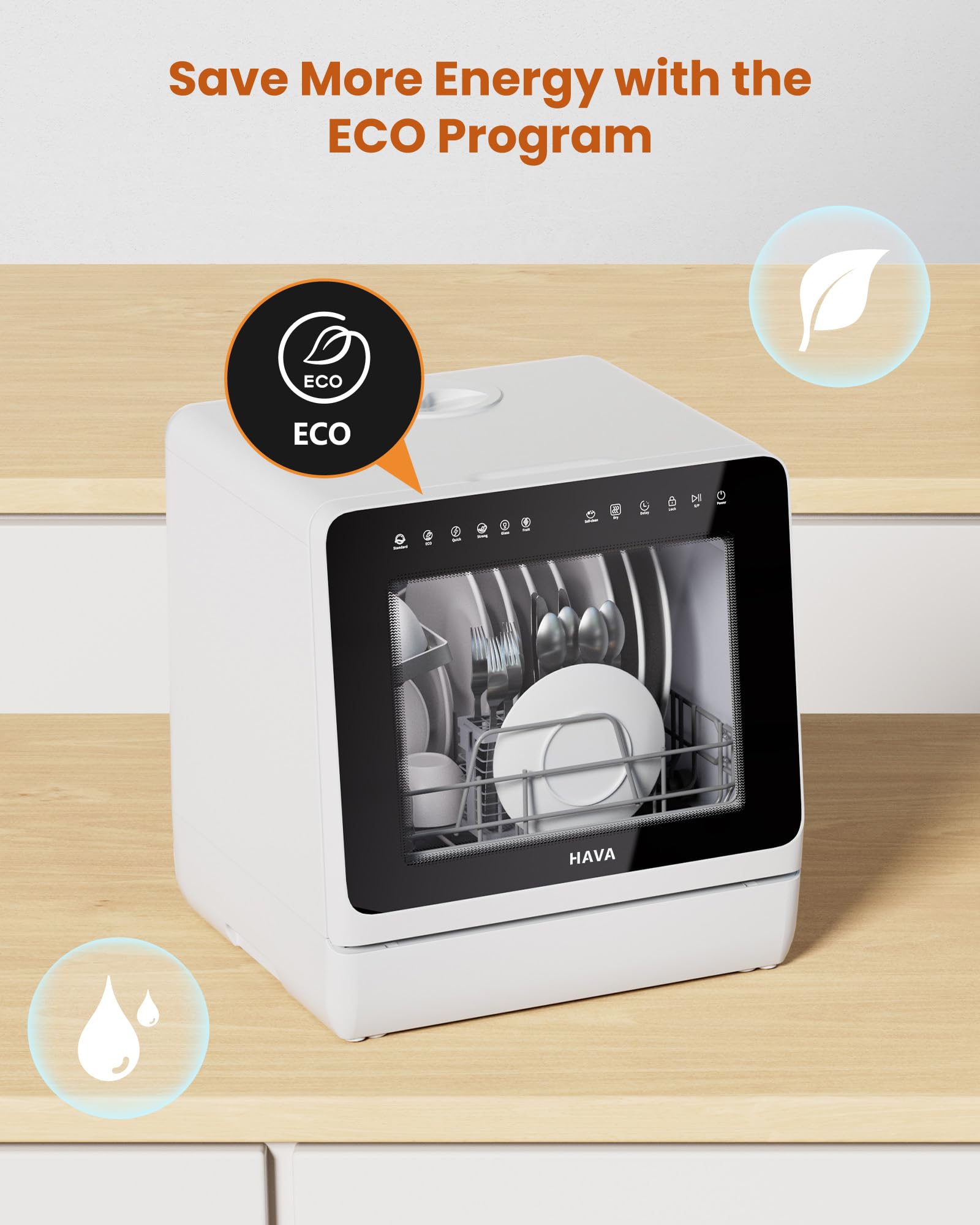 HAVA Countertop Dishwasher with Water Softener & Enhanced Energy Efficiency