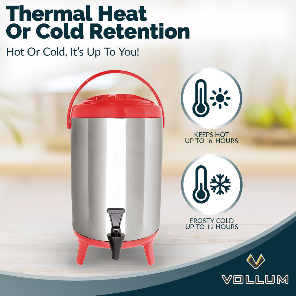 Vollum Stainless Steel Insulated Beverage Dispenser – Insulated Thermal Hot and Cold Coffee Carafe – 10 Liter Drink Dispenser with Spigot for Hot Water, Tea & Coffee, Cold Milk, Juice & More RED